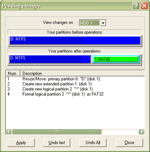 Paragon Partition Manager Pending Changes screen